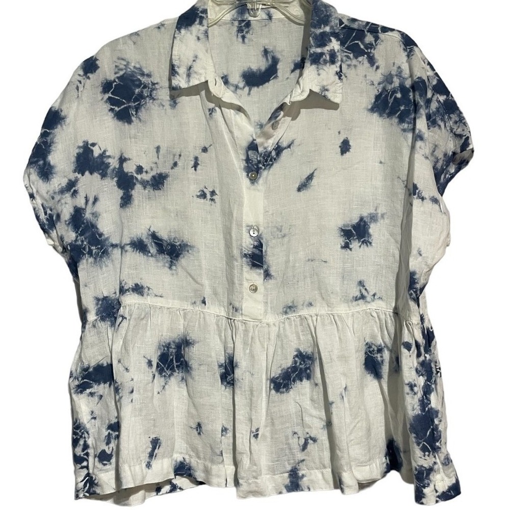 Blue White Tie Dye 100% Linen Peplum Button Front‎ Short Sleeve  Beach Top